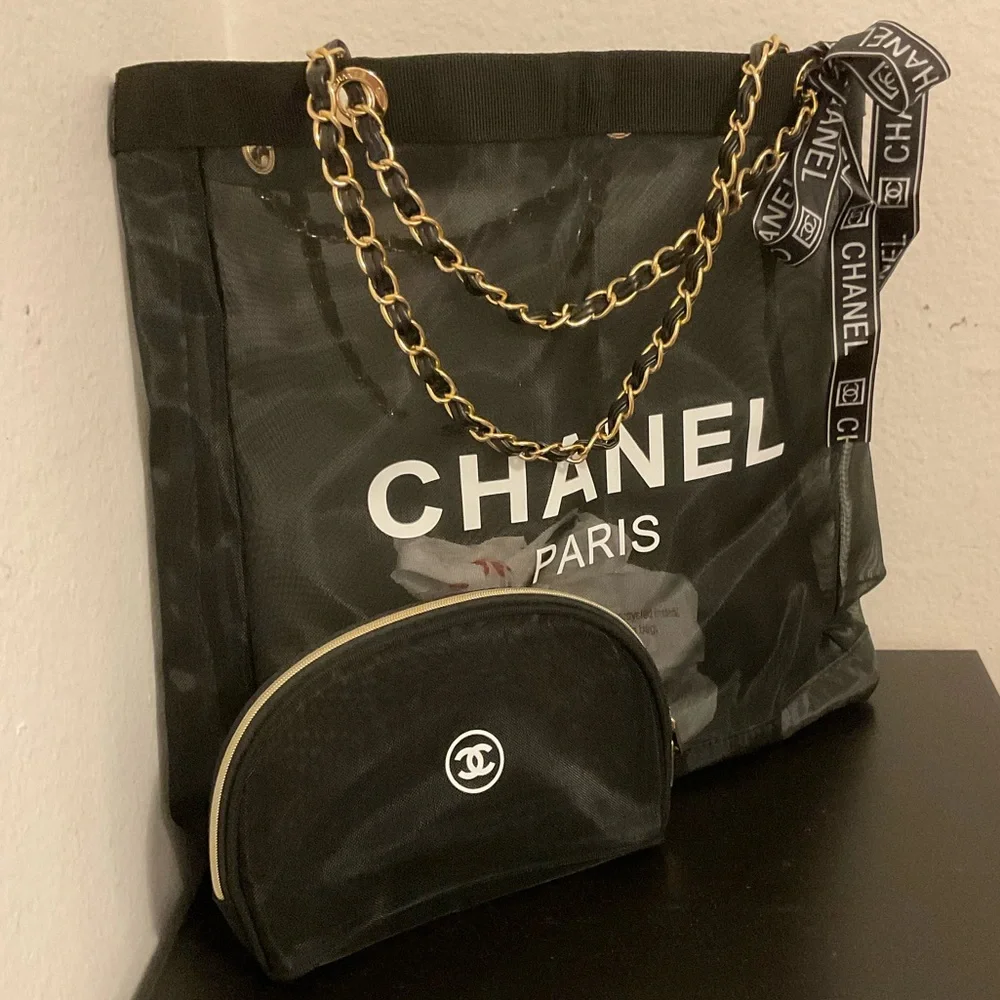 NIP CHANEL Beauty Mesh Tote Bag & Makeup Pouch Set of 2